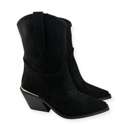 A pair of stylish black cowboy boots featuring a prominent heel, showcasing a classic Western design